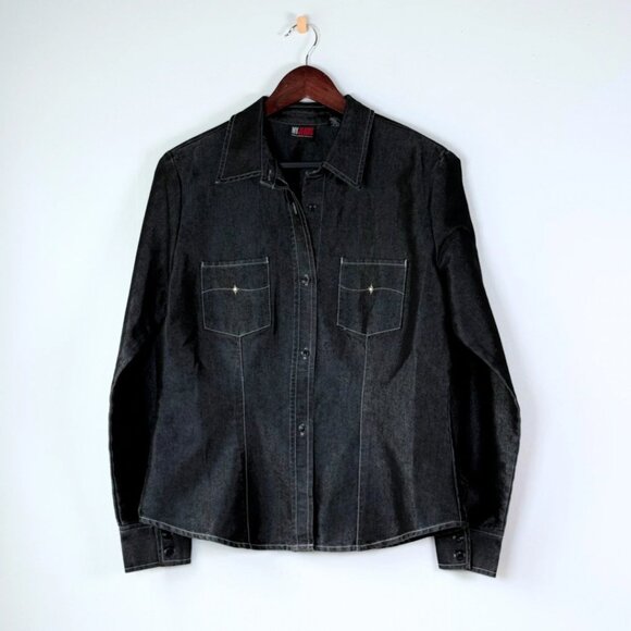 Vintage 90s Western Rancher Black Denim Jacket Shirt NY Jeans Large Streetwear - Picture 3 of 11